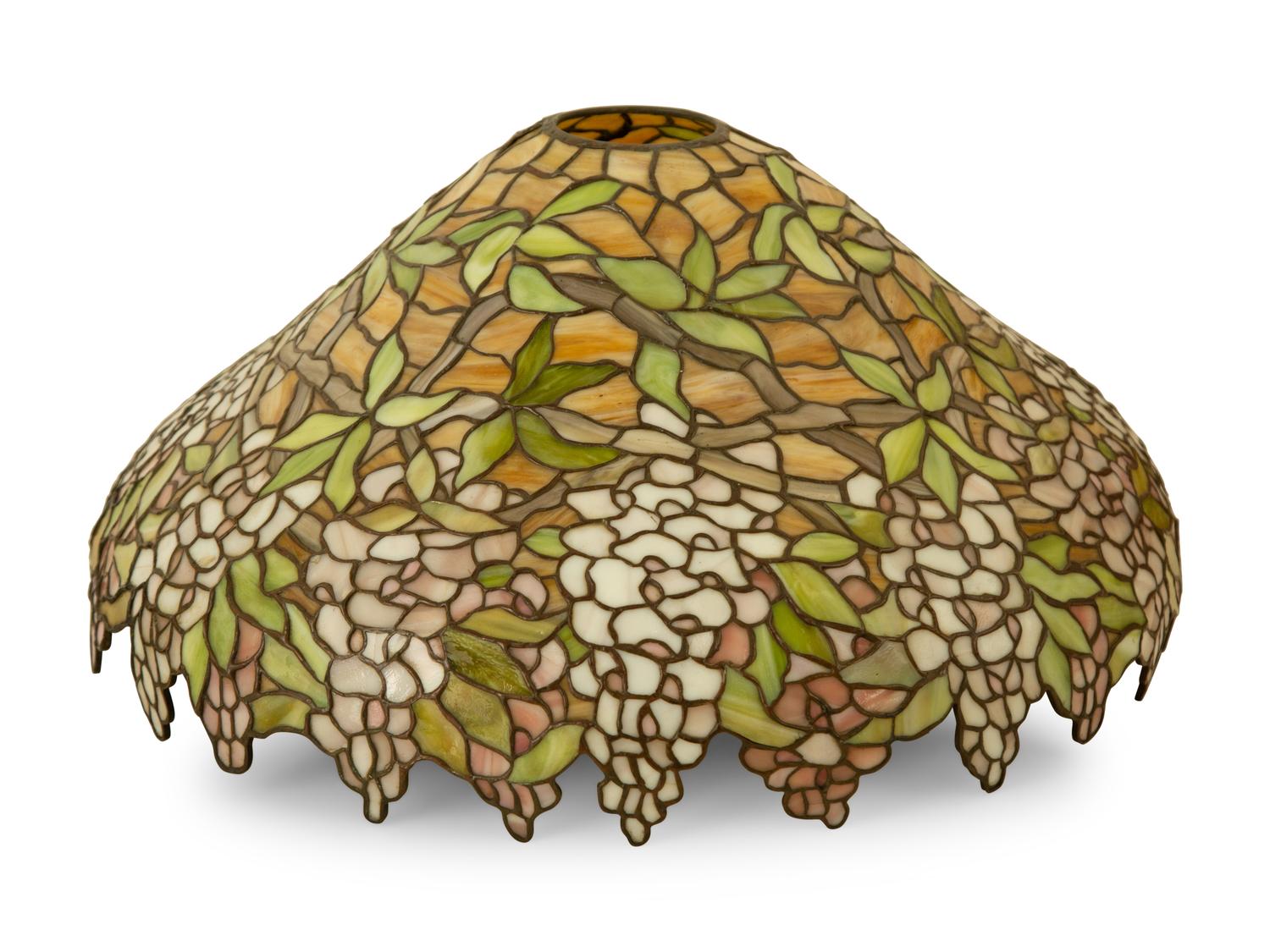 A Unique Art Glass Leaded Glass and Patinated Metal Wisteria Table Lamp