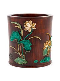 A Chinese Hardstone Inset Hardwood Brushpot