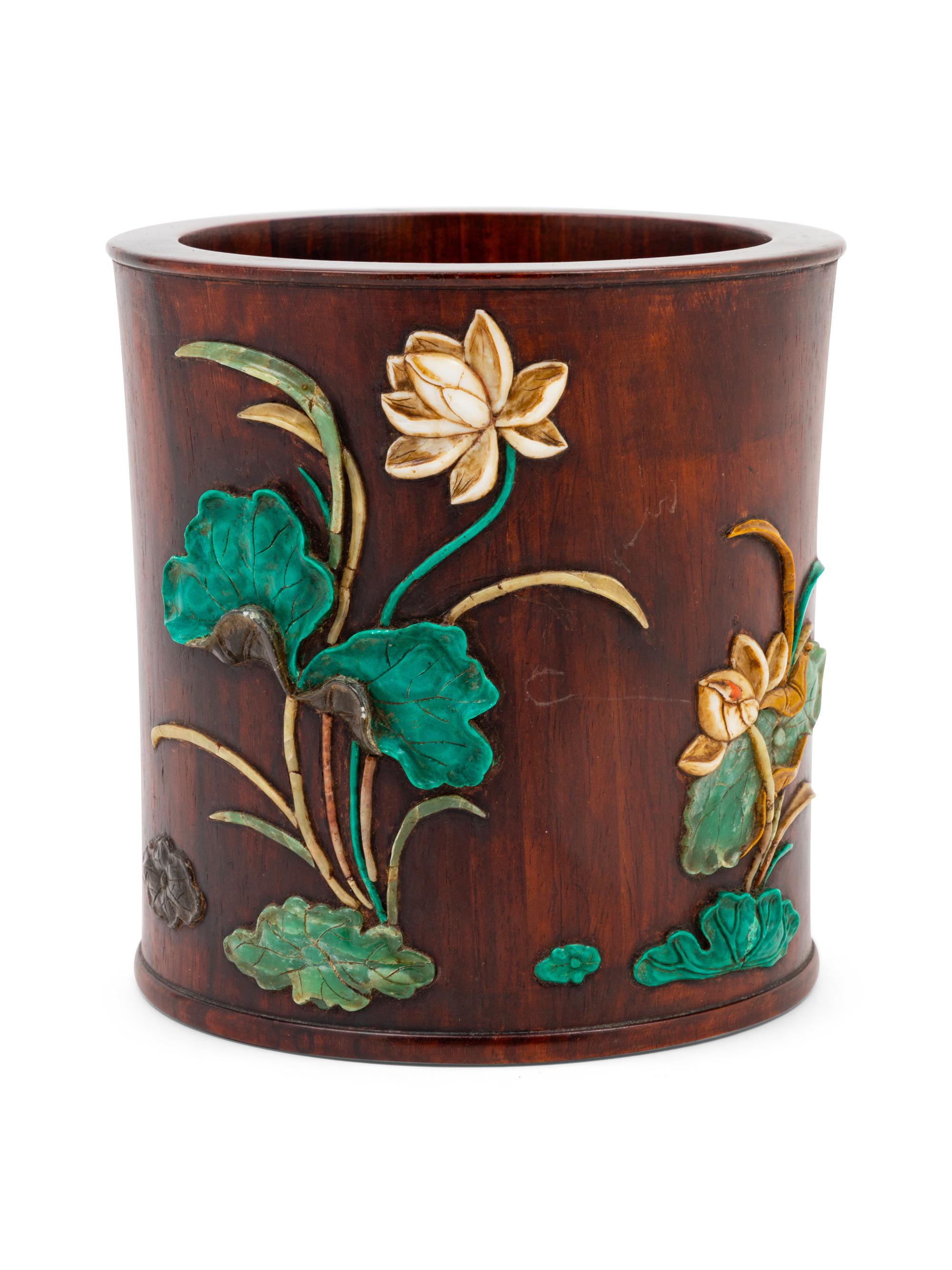 A Chinese Hardstone Inset Hardwood Brushpot