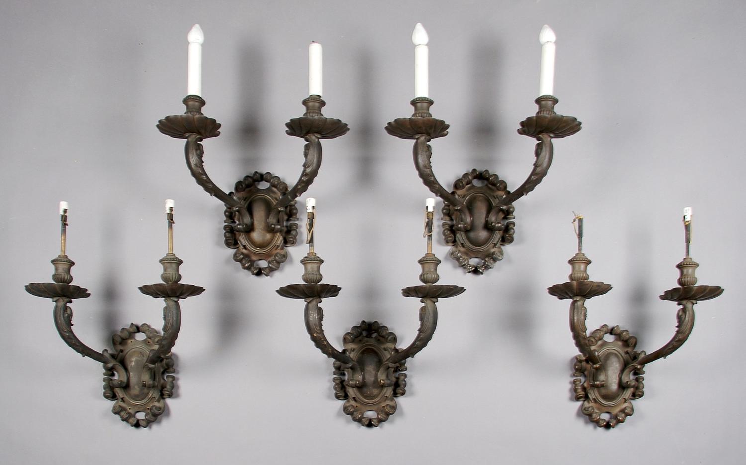 A Set of Five Neoclassical Two-Light Sconces, Caldwell, Height 15 1/2 inches.