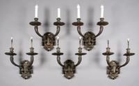 A Set of Five Neoclassical Two-Light Sconces, Caldwell, Height 15 1/2 inches.