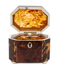 An English Tortoise Shell Tea Caddy, Height 3 1/2 x width 4 x depth 2 3/4 inches.