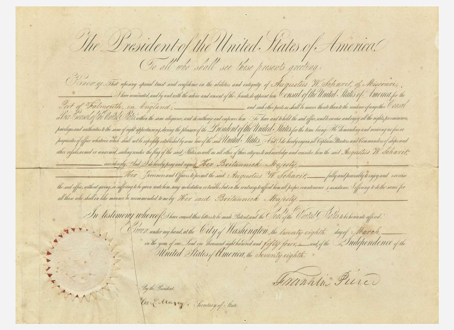 [Presidential] Pierce, Franklin: Partially-Printed Document, signed