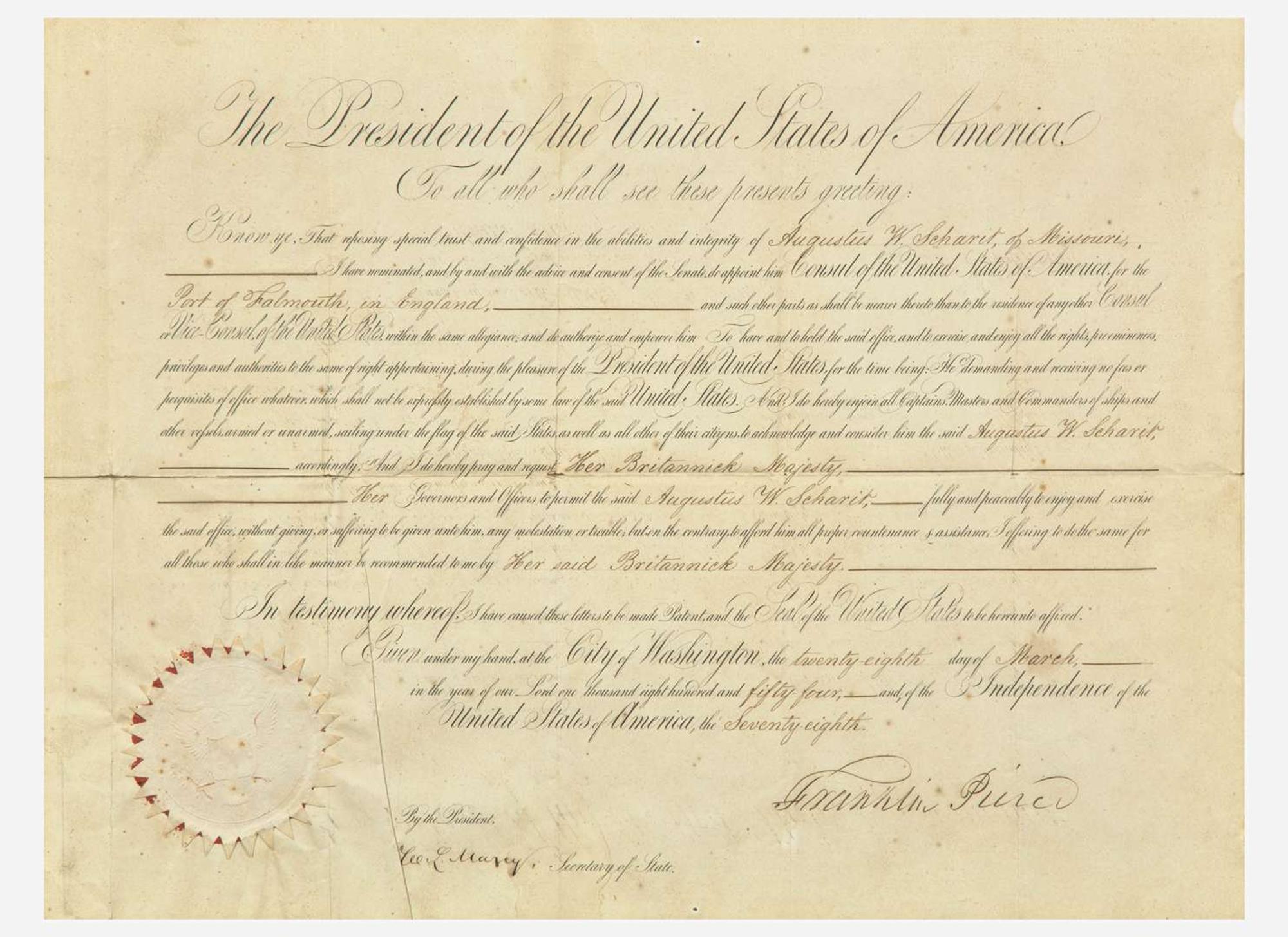 [Presidential] Pierce, Franklin: Partially-Printed Document, signed