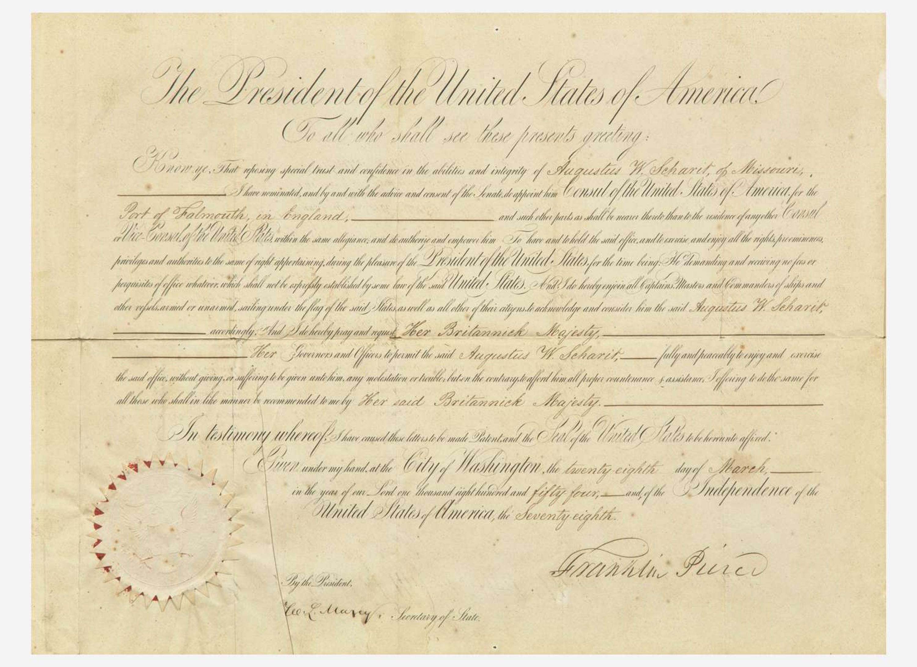 [Presidential] Pierce, Franklin: Partially-Printed Document, signed