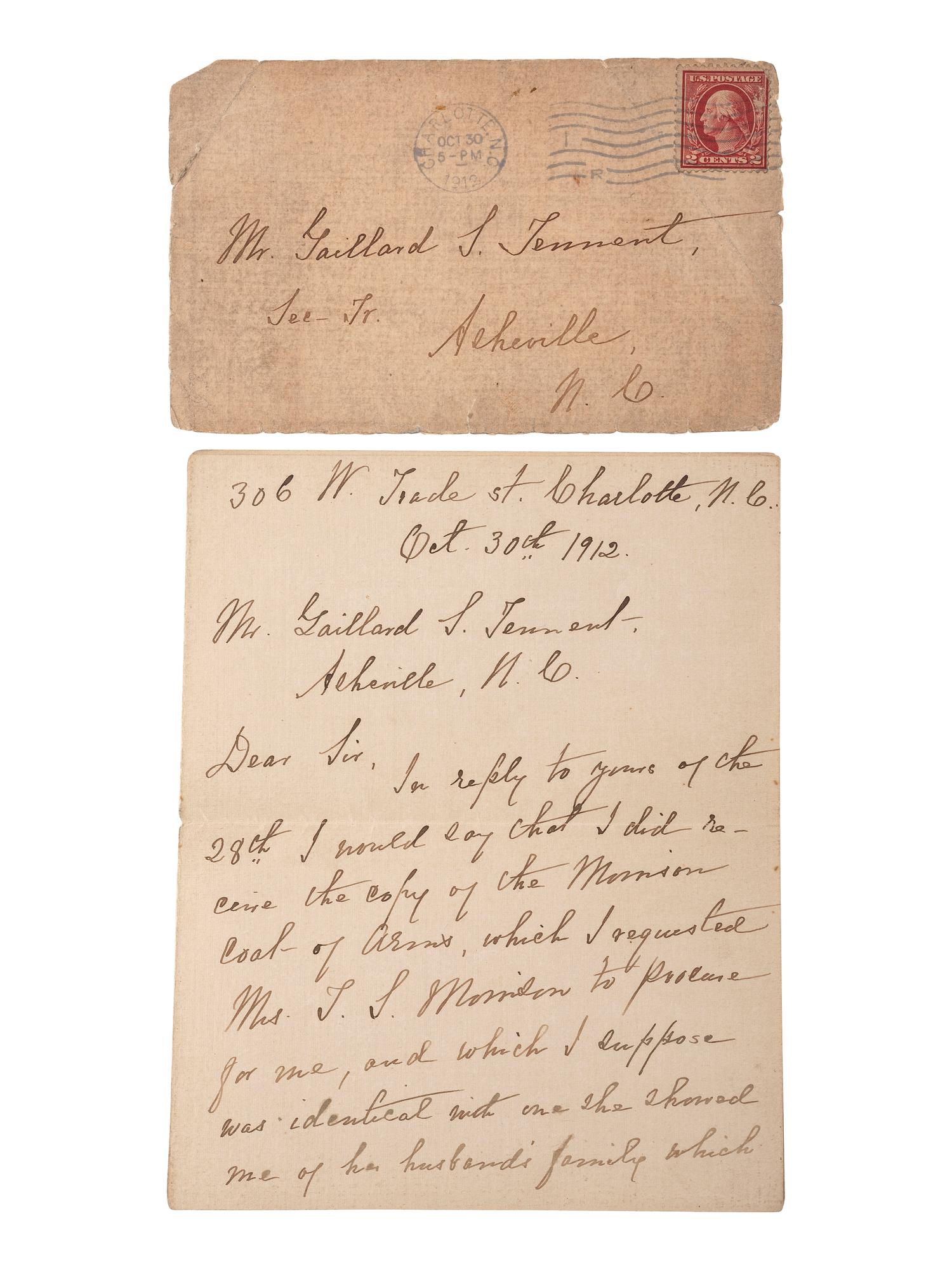[CIVIL WAR]. 4-page letter from Mary Anna Morrison Jackson, second wife and widow of General Thomas J. "Stonewall" Jackson, regarding a copy of the Morrison coat of arms. Charlotte, NC. 30 October 1912.