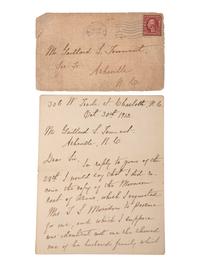 [CIVIL WAR]. 4-page letter from Mary Anna Morrison Jackson, second wife and widow of General Thomas J. "Stonewall" Jackson, regarding a copy of the Morrison coat of arms. Charlotte, NC. 30 October 1912.