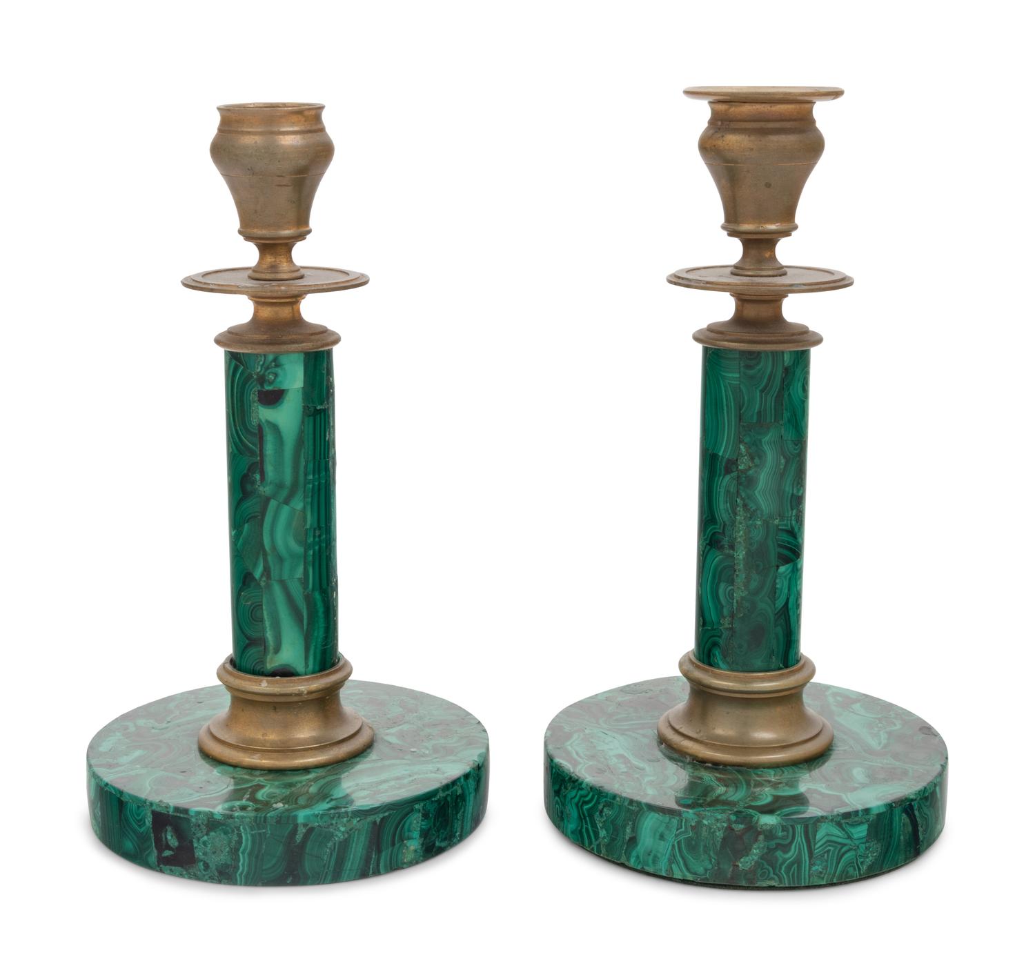 A Pair of Russian Style Malachite and Gilt Bronze Candlesticks