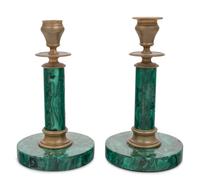 A Pair of Russian Style Malachite and Gilt Bronze Candlesticks