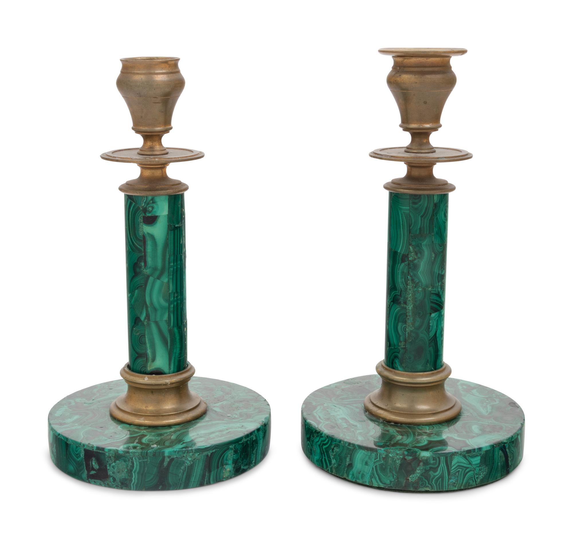 A Pair of Russian Style Malachite and Gilt Bronze Candlesticks