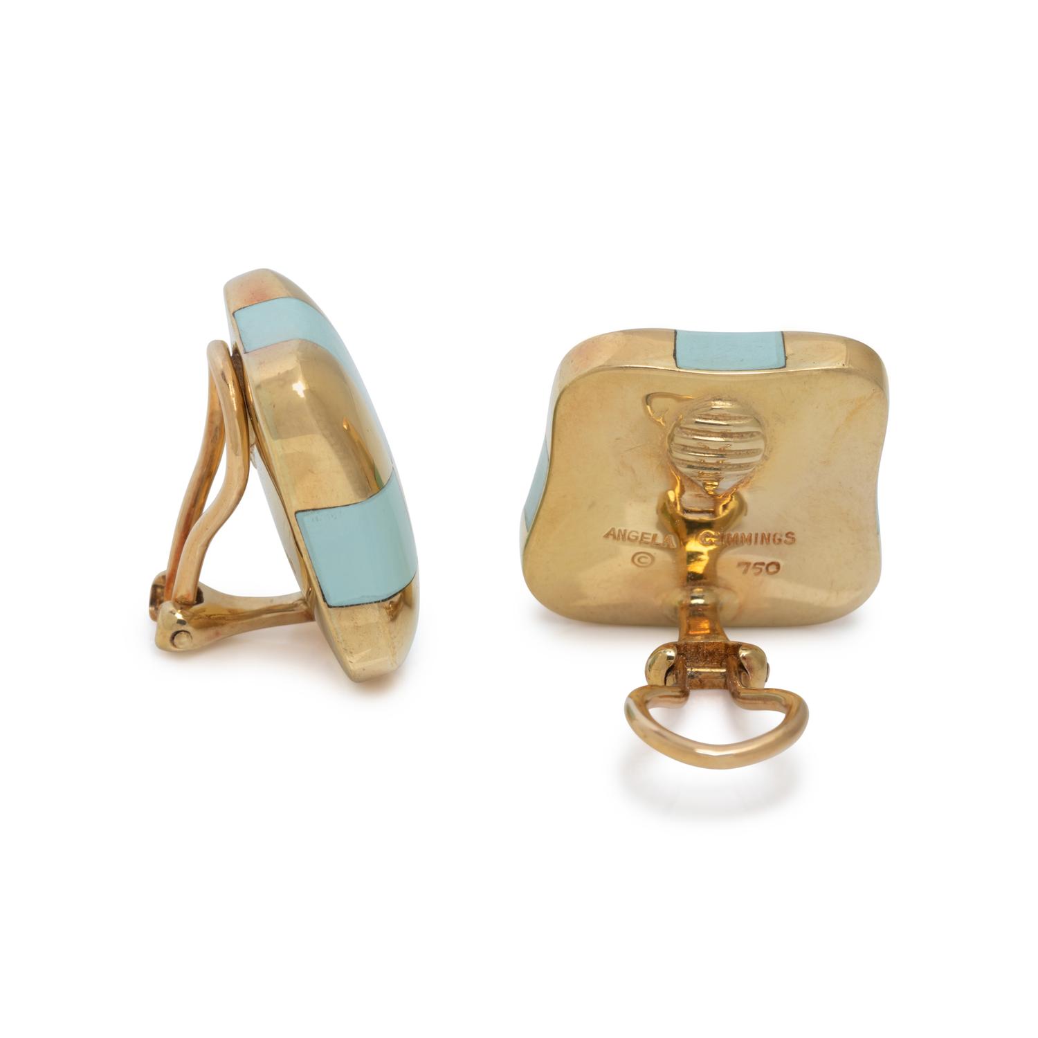 ANGELA CUMMINGS, YELLOW GOLD AND TURQUOISE CHECKERBOARD EARCLIPS