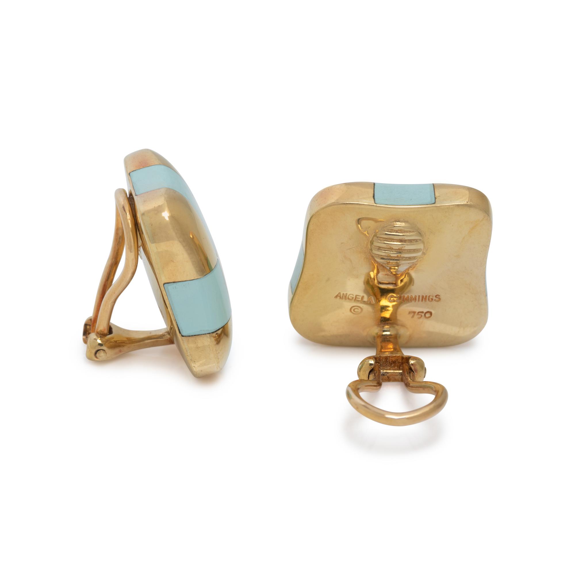 ANGELA CUMMINGS, YELLOW GOLD AND TURQUOISE CHECKERBOARD EARCLIPS