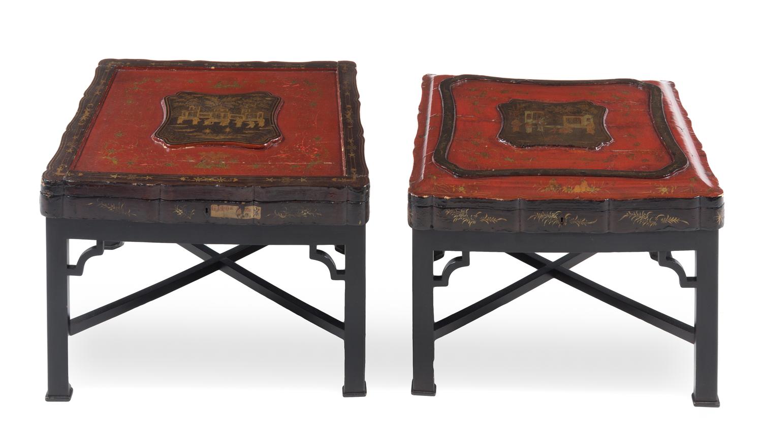 Two Chinese Lacquer Boxes on Stands Height overall 16 x width 23 x depth 23 inches. — 19TH CENTURY, THE STANDS LATER