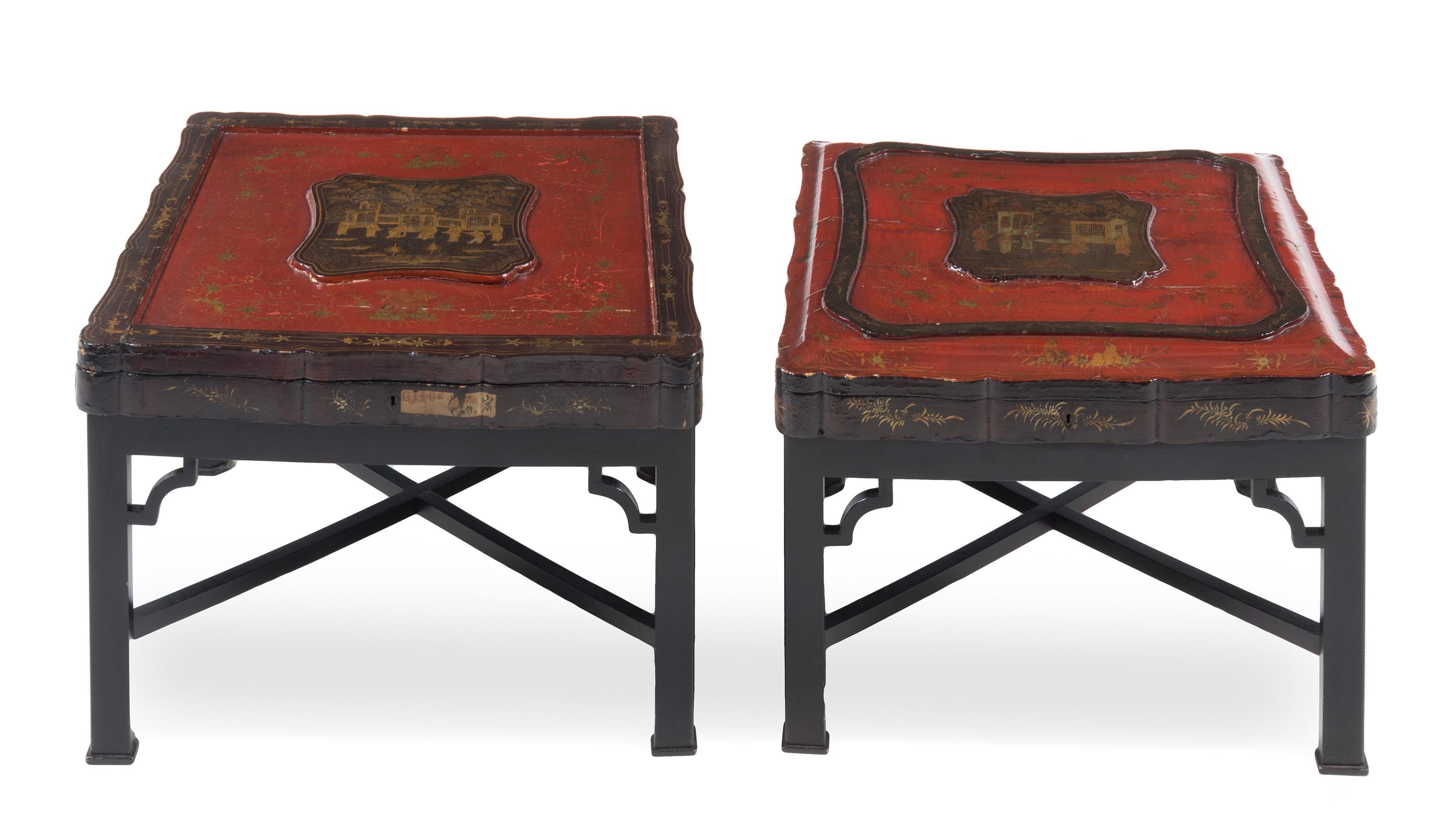 Two Chinese Lacquer Boxes on Stands Height overall 16 x width 23 x depth 23 inches. — 19TH CENTURY, THE STANDS LATER