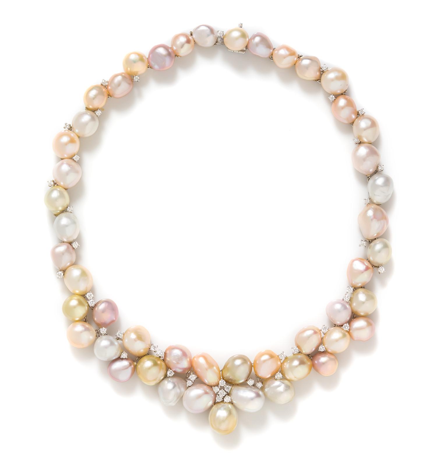 An 18 Karat White Gold, Multicolor Cultured Pearl and Diamond Necklace, 76.75 dwts.