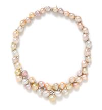 An 18 Karat White Gold, Multicolor Cultured Pearl and Diamond Necklace, 76.75 dwts.