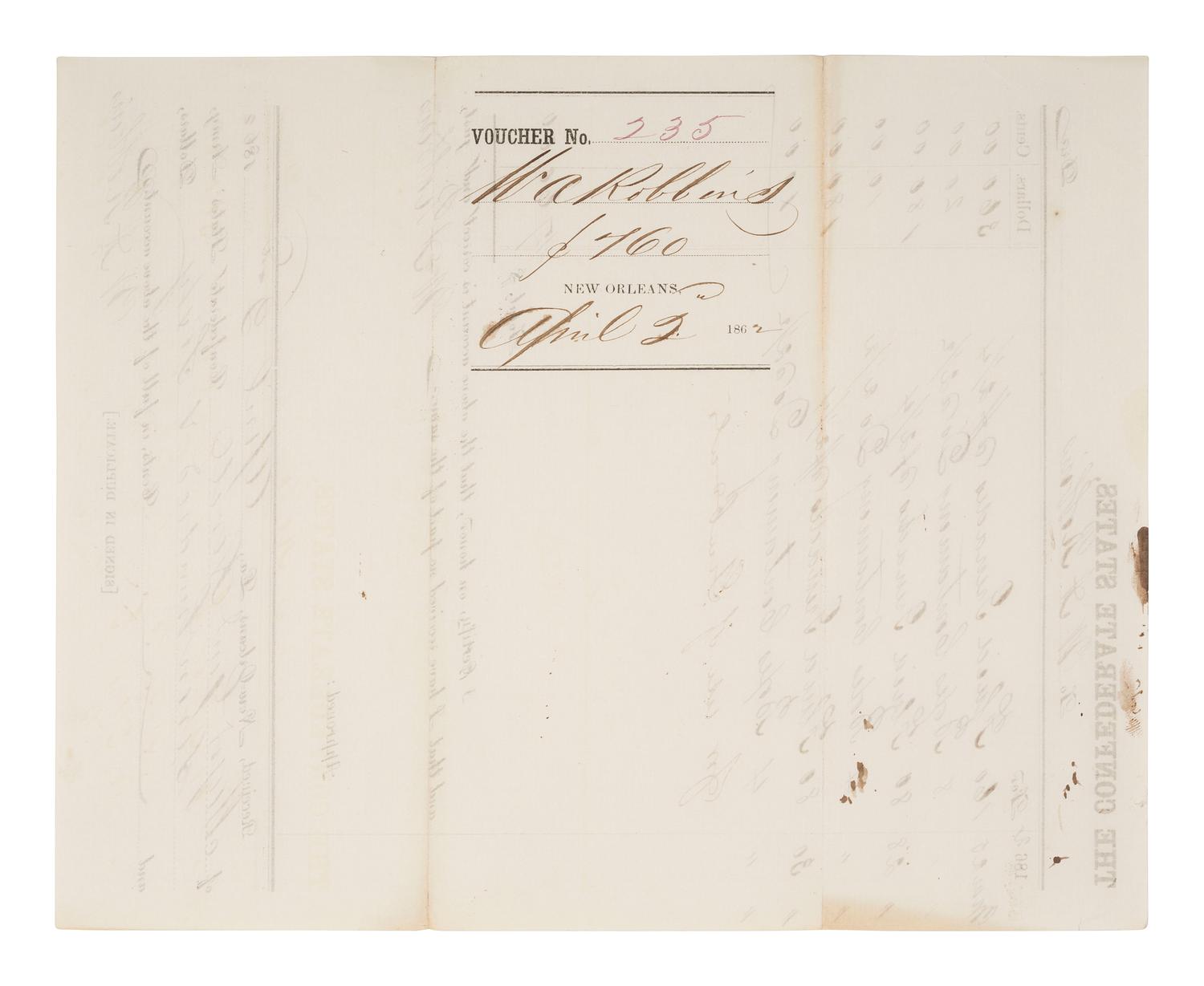 [CIVIL WAR]. Confederate ordnance document ordering "fluid grenades." New Orleans, LA, 2 April 1862.
