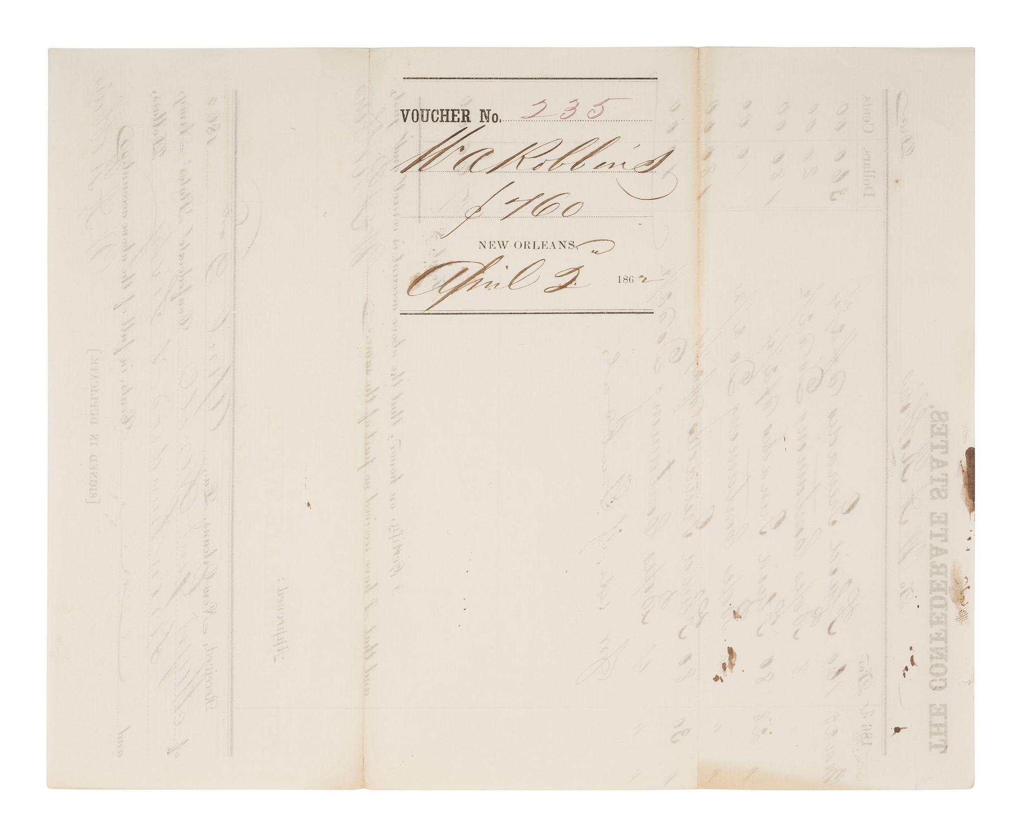 [CIVIL WAR]. Confederate ordnance document ordering "fluid grenades." New Orleans, LA, 2 April 1862.
