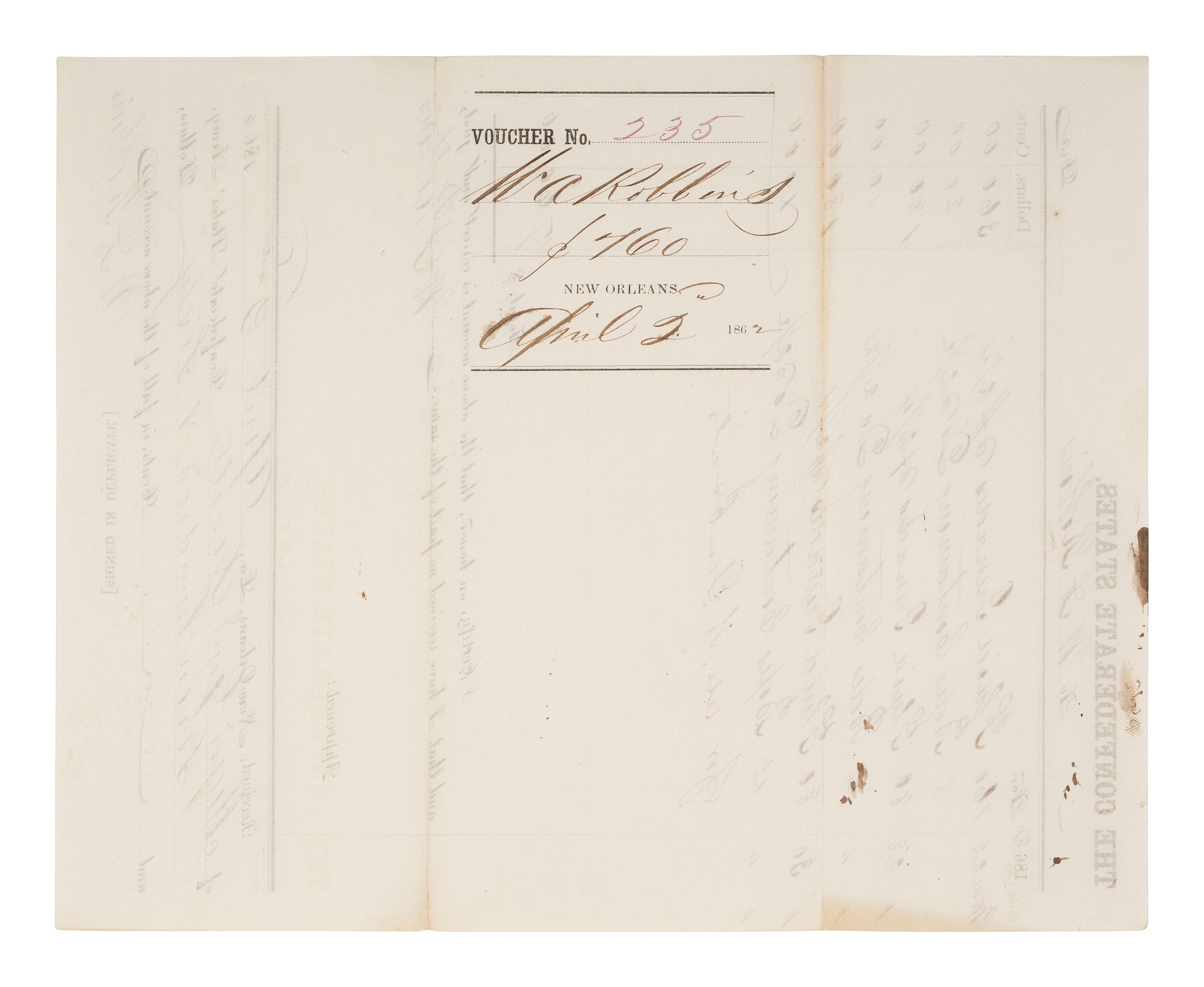 [CIVIL WAR]. Confederate ordnance document ordering "fluid grenades." New Orleans, LA, 2 April 1862.