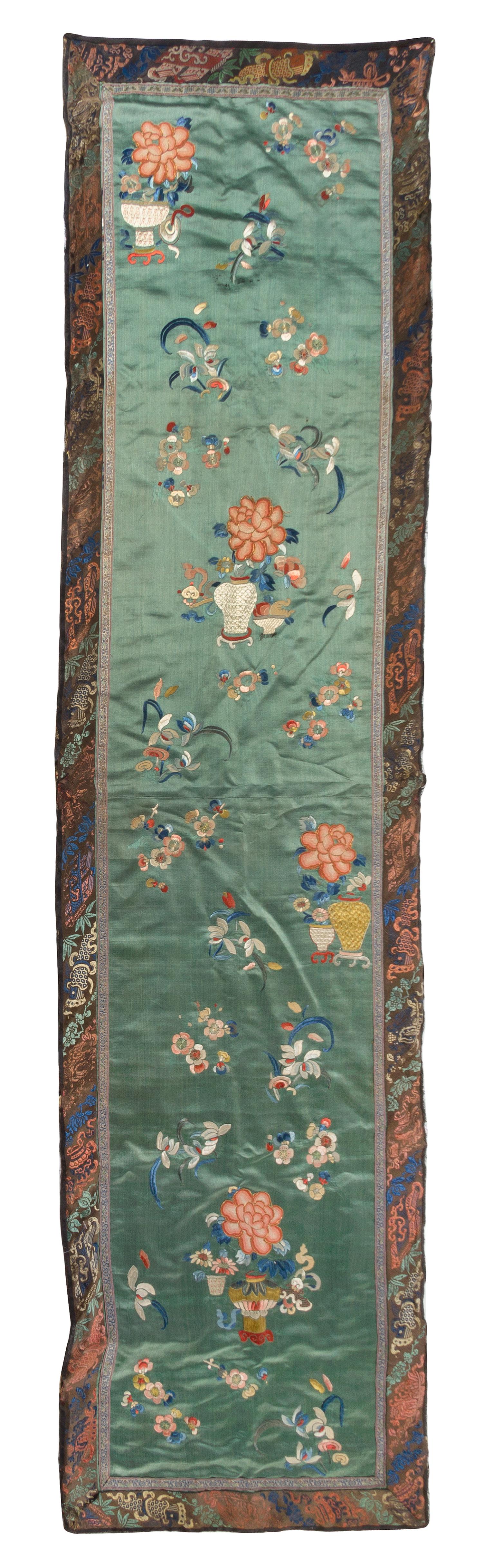 A Chinese Embroidered Silk Rectangular Panel Height 74 1/4 x width 19 1/2 inches. — 19TH CENTURY