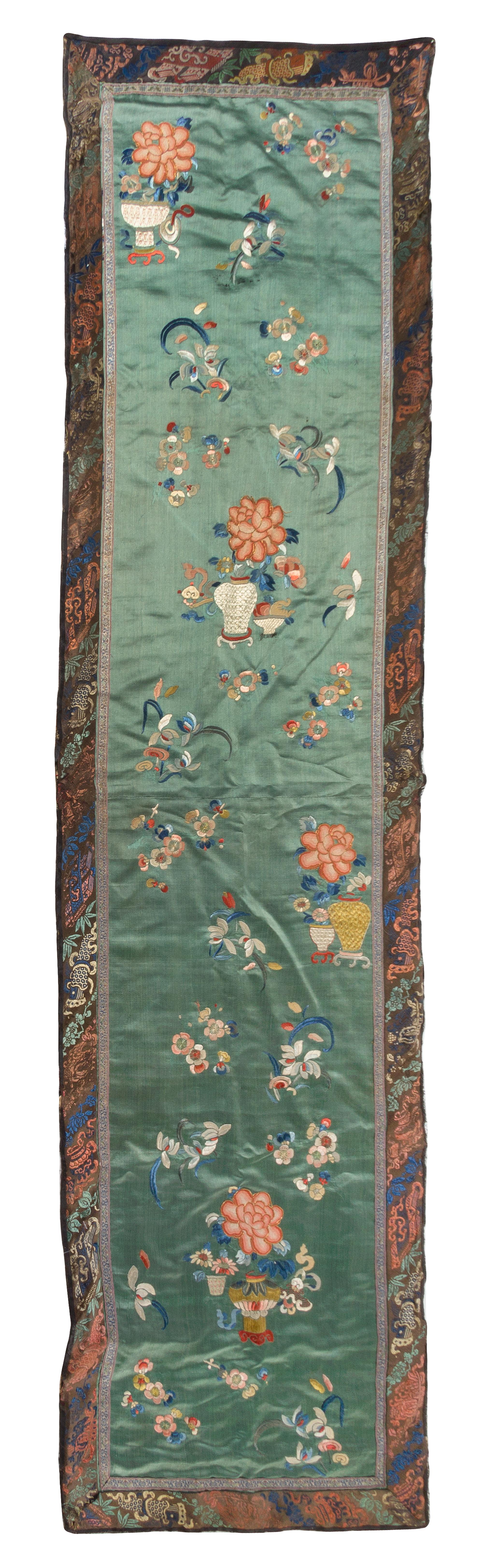 A Chinese Embroidered Silk Rectangular Panel Height 74 1/4 x width 19 1/2 inches. — 19TH CENTURY