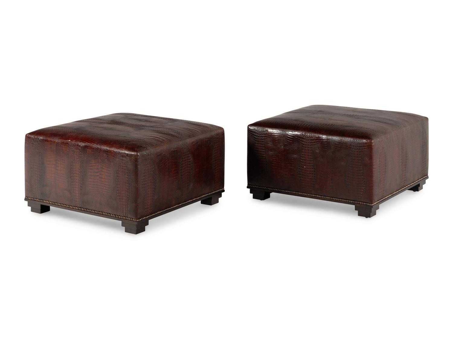 A Pair of Contemporary Faux Crocodile-Embossed Ottomans