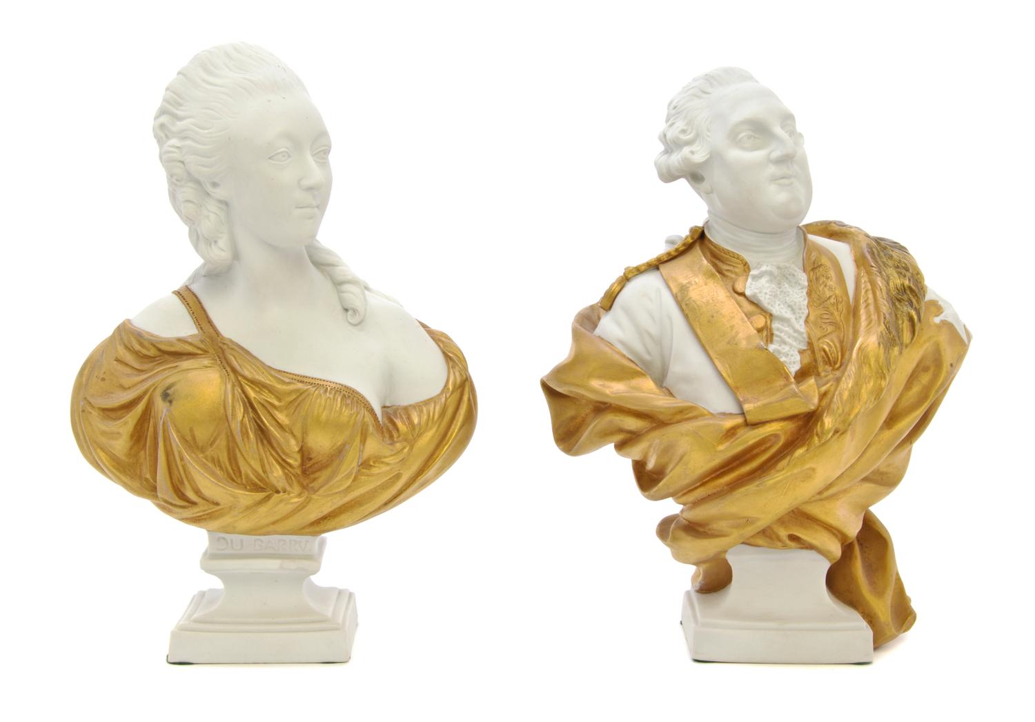 Two Sevres Style Partial Gilt Bisque Busts, Height of first 9 inches.