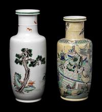 Two Chinese Famille Verte Porcelain Rouleau Vases