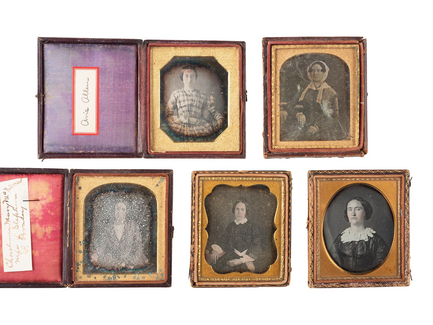 35 sixth plate daguerreotypes featuring women of varying ages.