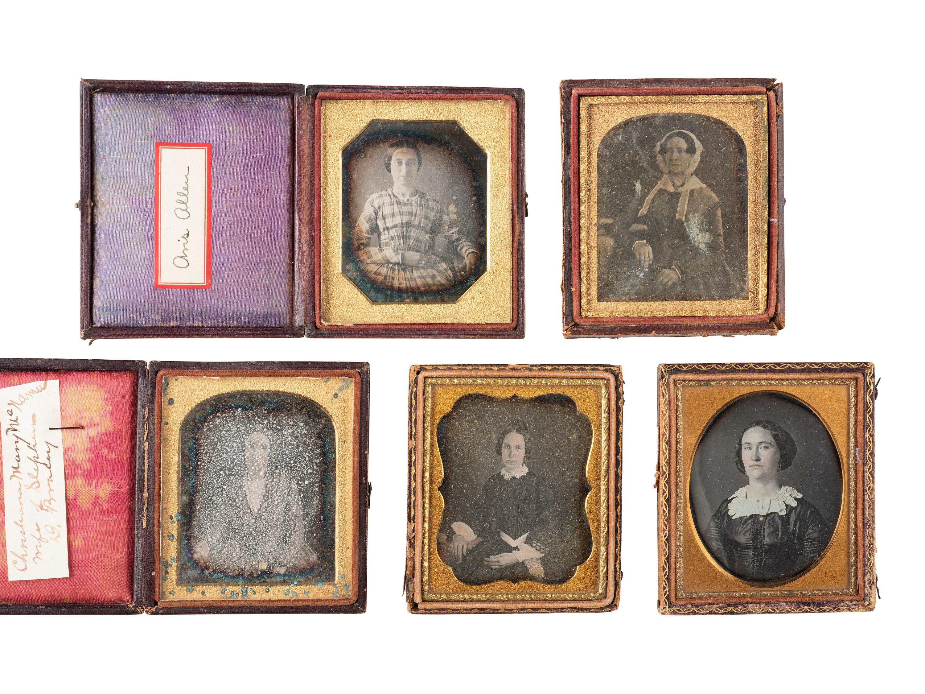 35 sixth plate daguerreotypes featuring women of varying ages.