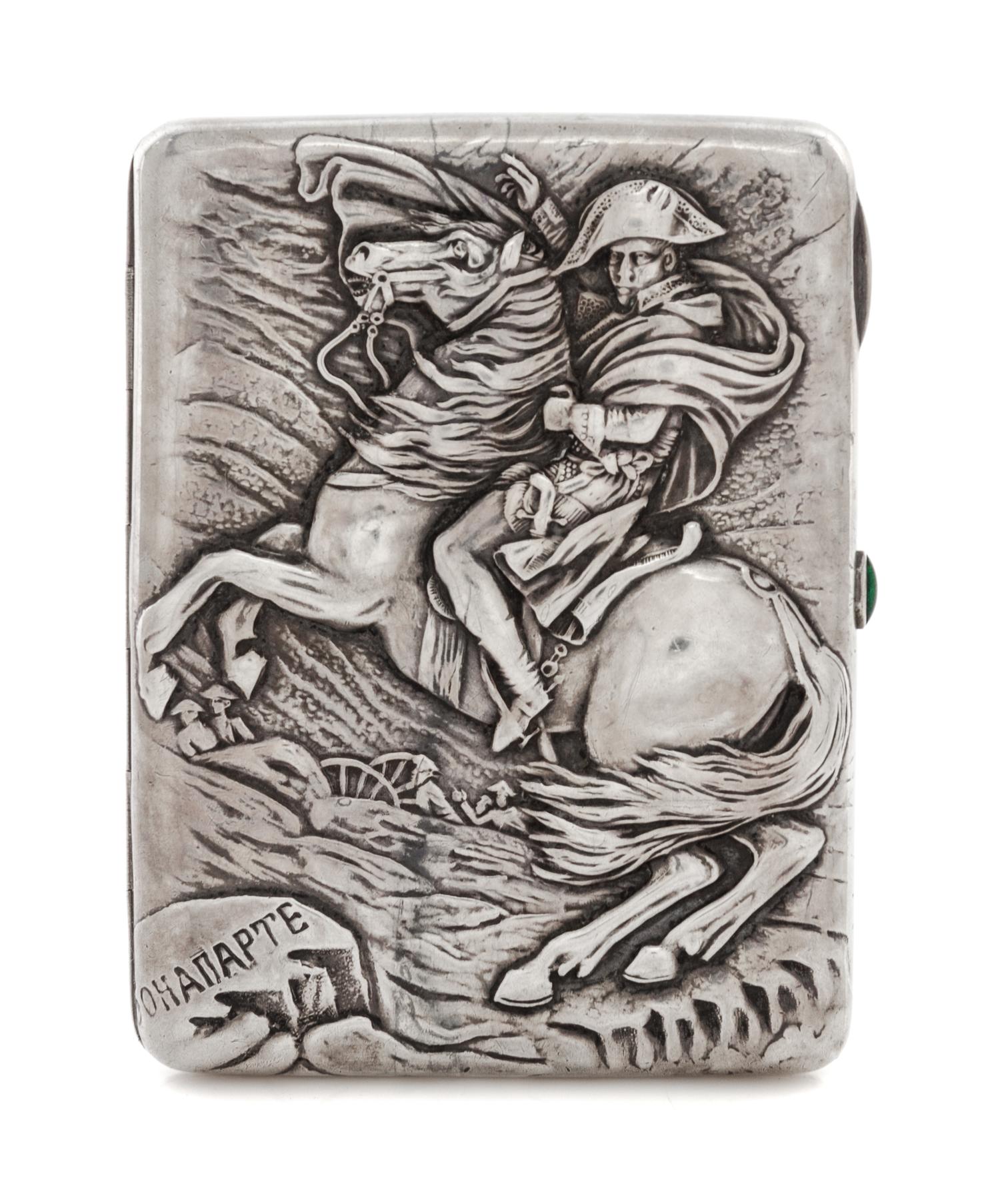 A Russian Silver Cigarette Case, Mark of Konstantin Skvortsov, Moscow, late 19th/early 20th century, the case depicting Napoleon Crossi