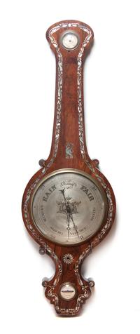 A Victorian Mother-of-Pearl Inlaid Rosewood Barometer, J. Hancock, Height overall 40 1/2 inches.