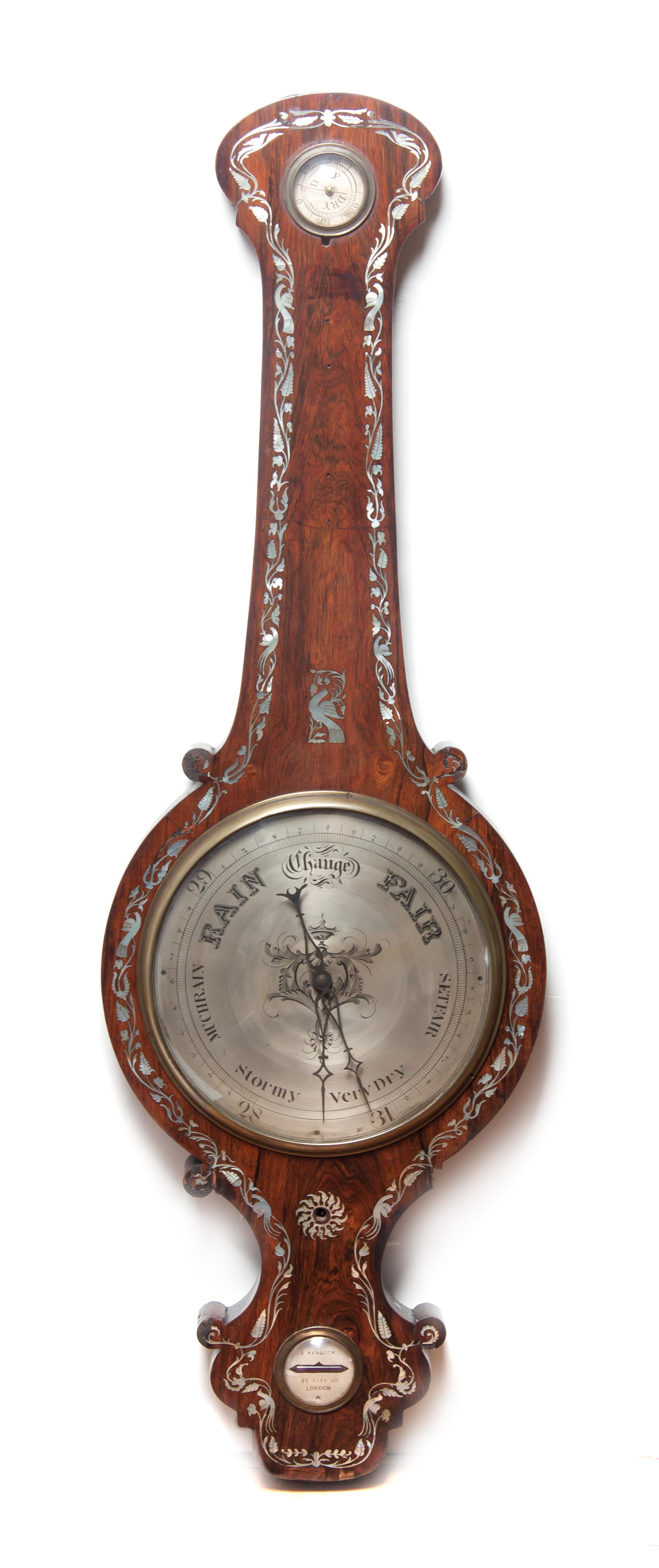 A Victorian Mother-of-Pearl Inlaid Rosewood Barometer, J. Hancock, Height overall 40 1/2 inches.