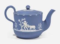 A Turner & Co. Solid Blue Engine Turned Jasperware Teapot, UK, circa 1790-1800