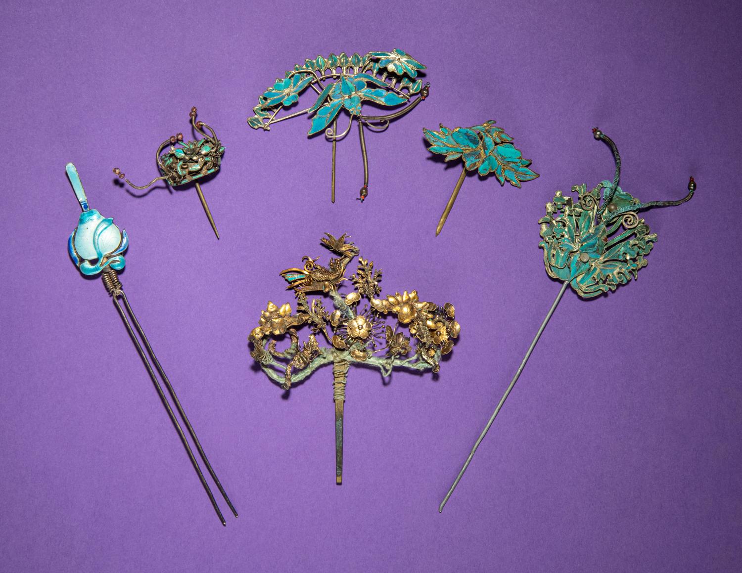 Six Kingfisher Feather and Enamel Embellished Hairpins