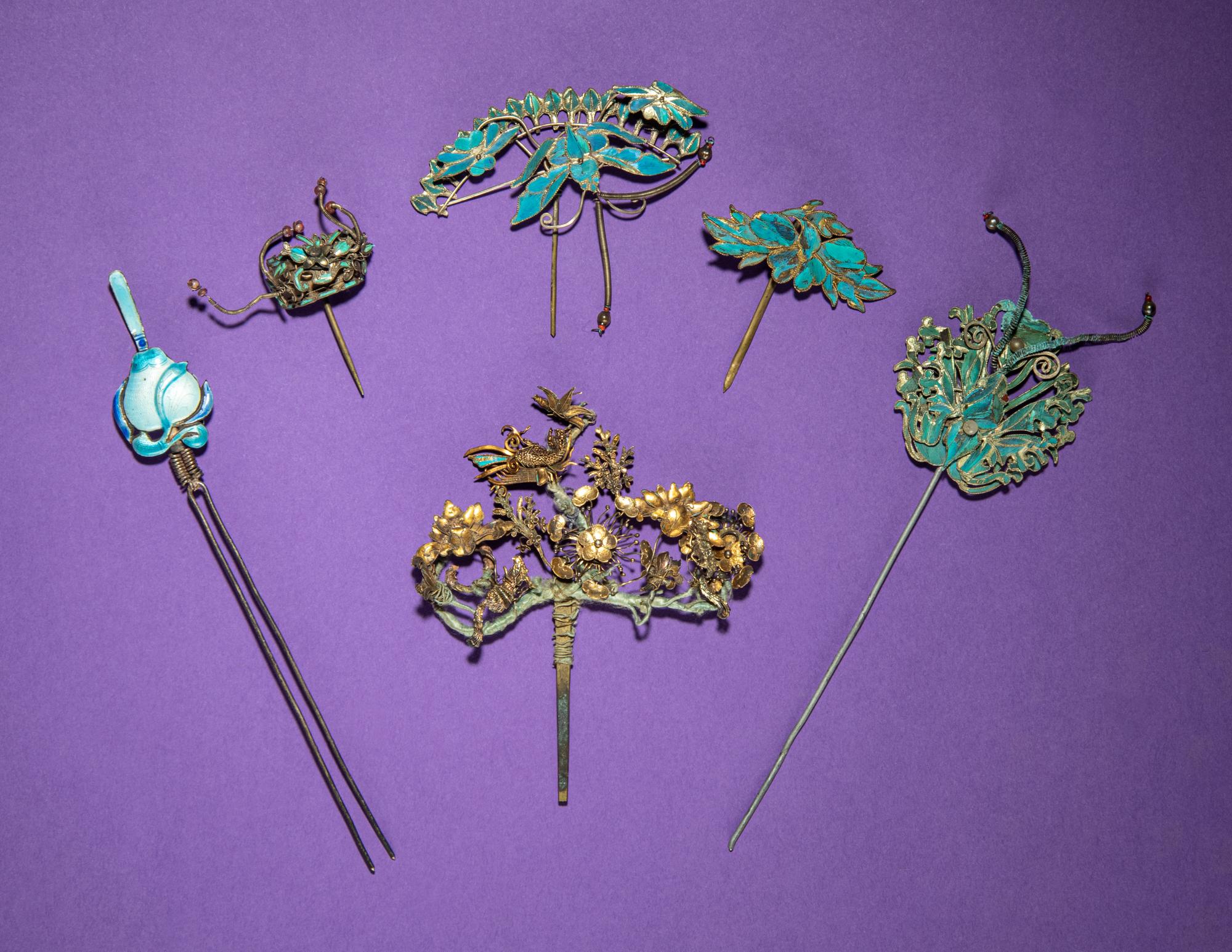 Six Kingfisher Feather and Enamel Embellished Hairpins