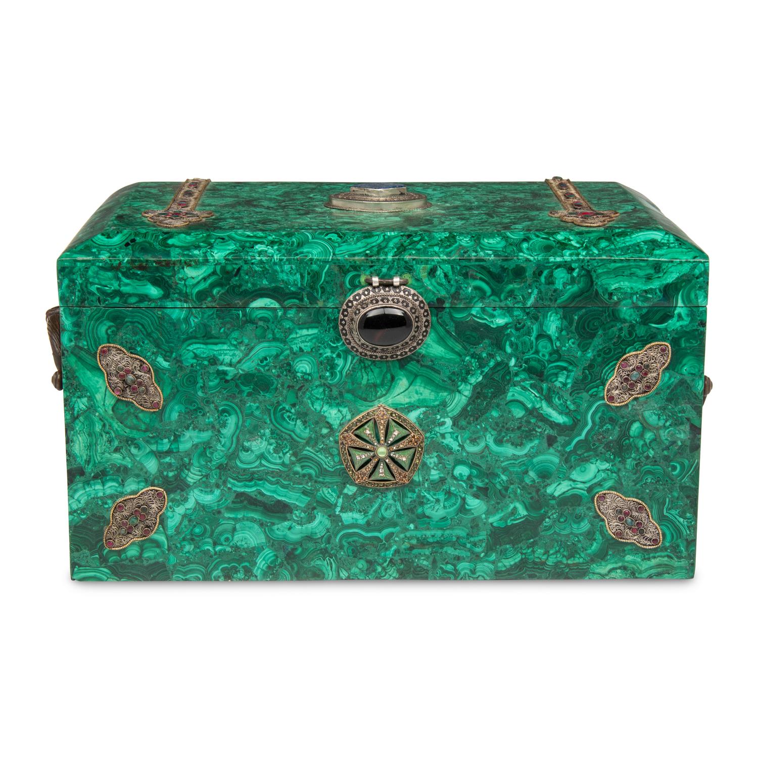 A Large Filigree, Ruby and Emerald-Mounted Malachite Box
