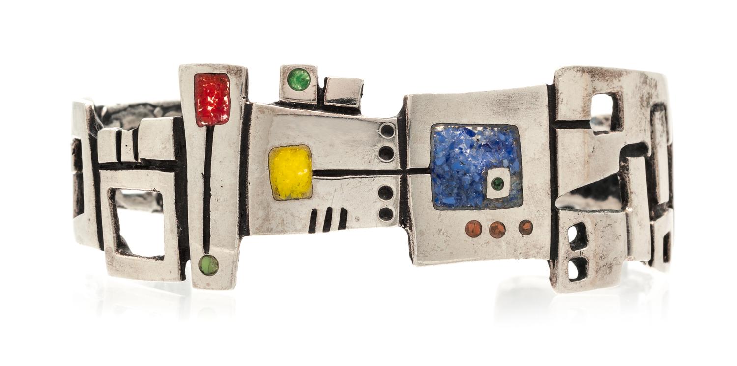 A Modernist Sterling Silver and Polychrome Enamel Cuff Bracelet, 18.90 dwts.