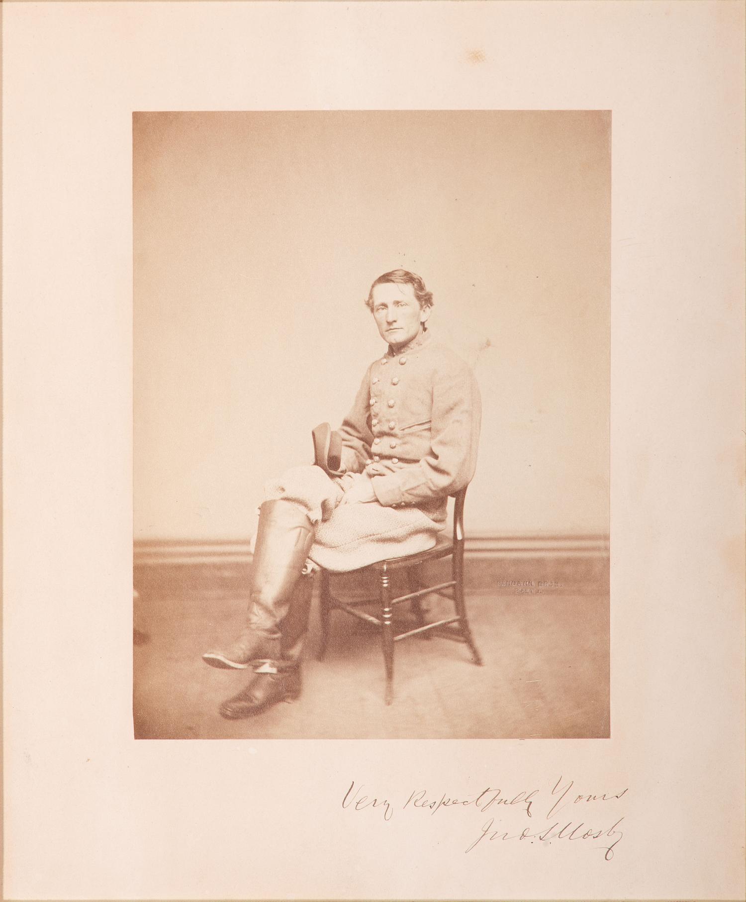 [CIVIL WAR]. MOSBY, John Singleton (1833-1916). Signed large format albumen photograph ("Jno. S. Mosby"). Baltimore, MD: Bendann Brothers, ca 1864 or after.