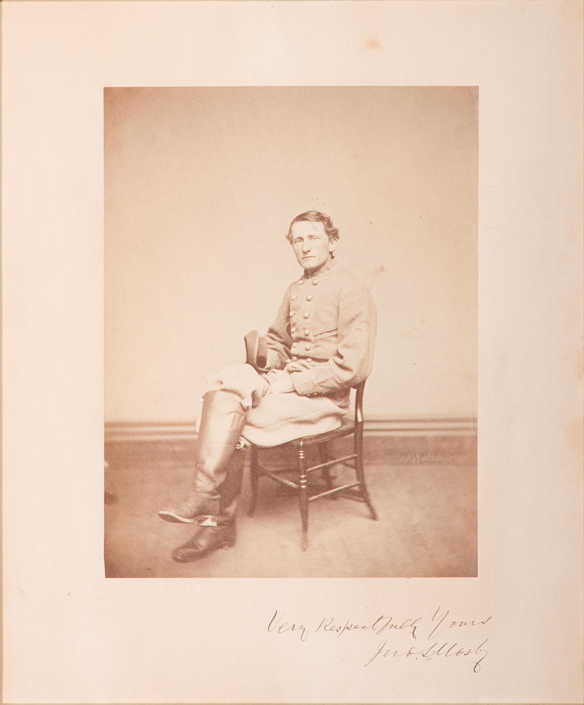 [CIVIL WAR]. MOSBY, John Singleton (1833-1916). Signed large format albumen photograph ("Jno. S. Mosby"). Baltimore, MD: Bendann Brothers, ca 1864 or after.