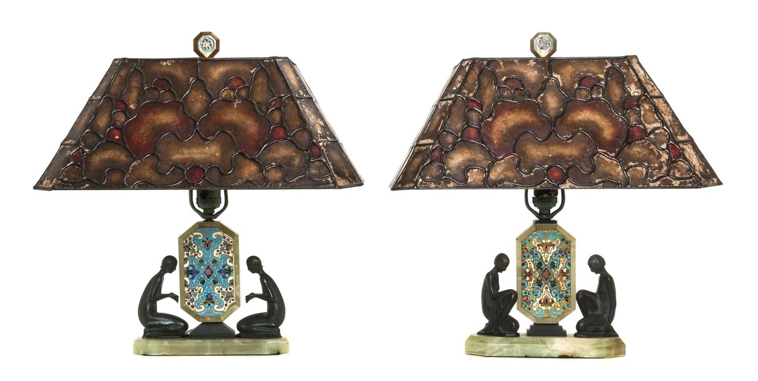 A Pair of Art Deco Onyx and Champleve Table Lamps, Height 17 1/4 inches.