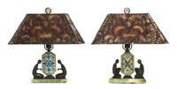 A Pair of Art Deco Onyx and Champleve Table Lamps, Height 17 1/4 inches.