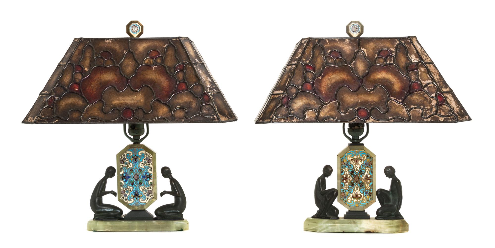 A Pair of Art Deco Onyx and Champleve Table Lamps, Height 17 1/4 inches.