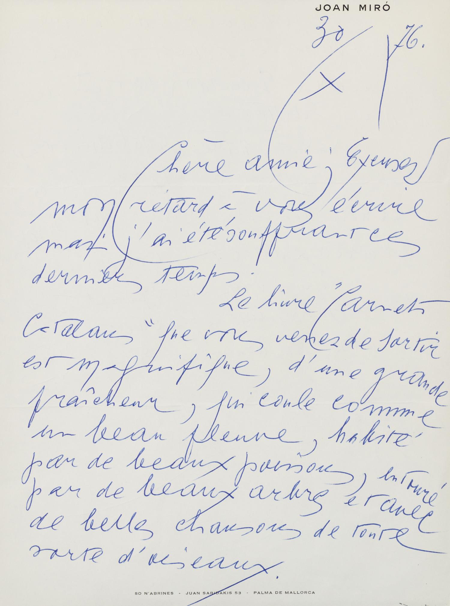 MIRO, Joan (1893-1983). Autograph letter signed ("Miro"), to publisher Rosabianca Skira. Geneva, 30 October 1976.