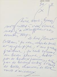 MIRO, Joan (1893-1983). Autograph letter signed ("Miro"), to publisher Rosabianca Skira. Geneva, 30 October 1976.
