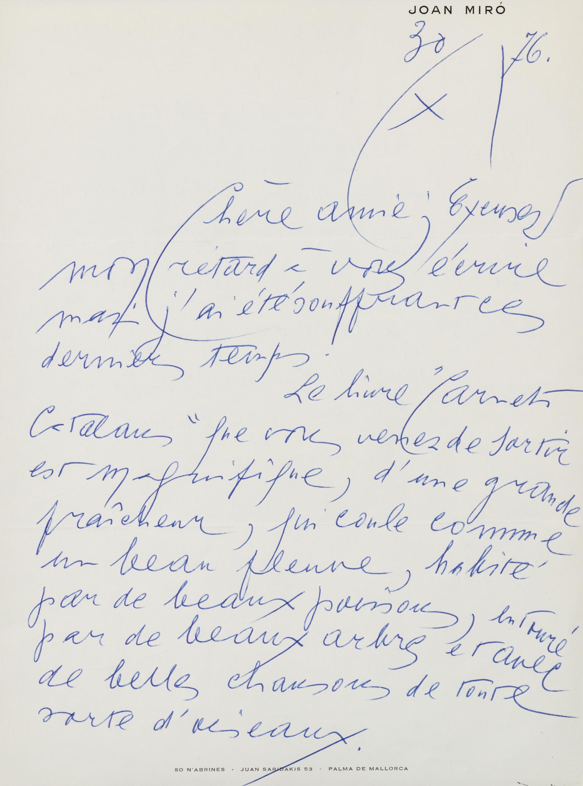 MIRO, Joan (1893-1983). Autograph letter signed ("Miro"), to publisher Rosabianca Skira. Geneva, 30 October 1976.