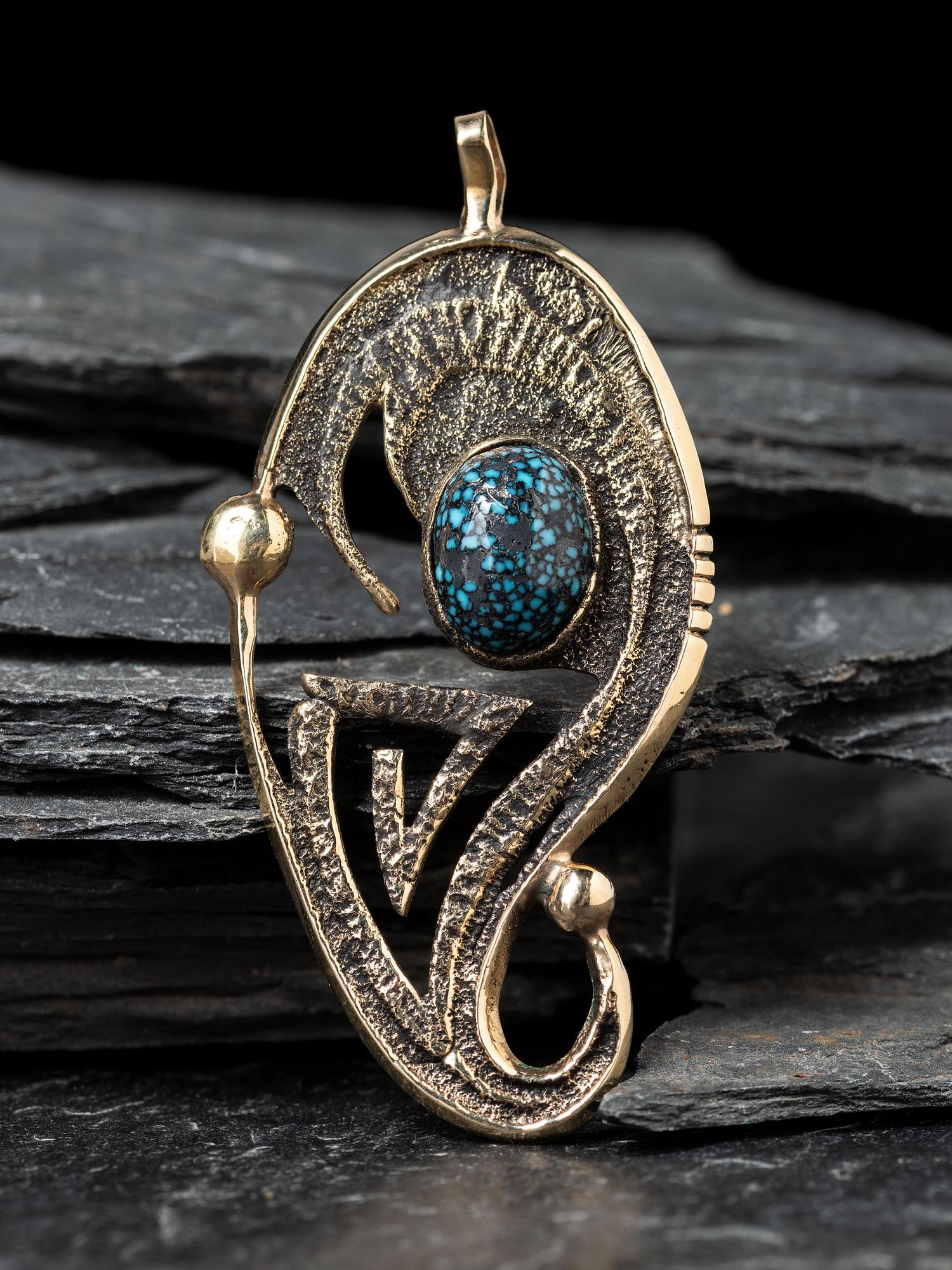 Tufa Cast 14K Gold and Lander Blue Turquoise Abstract Pendant