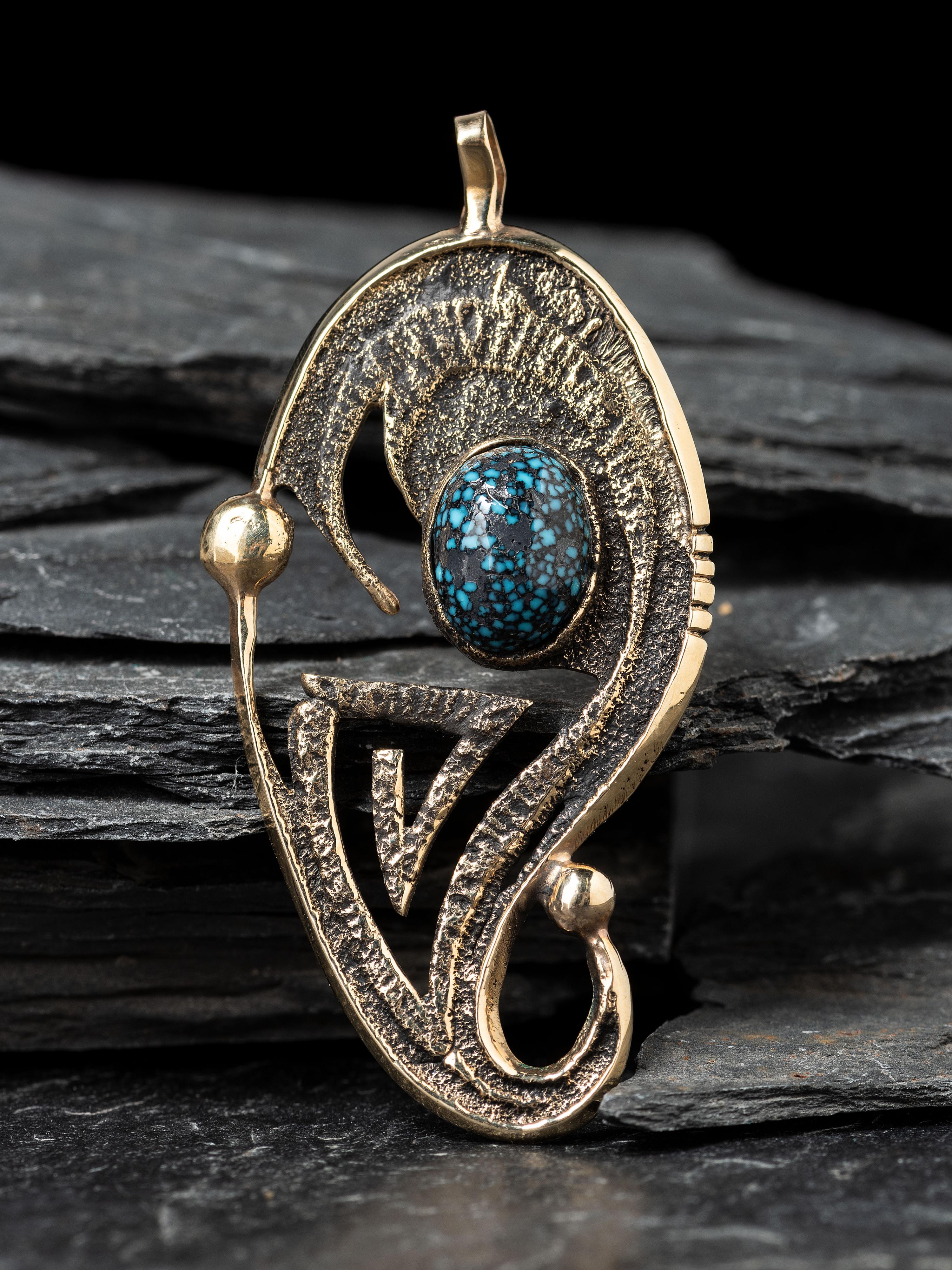 Tufa Cast 14K Gold and Lander Blue Turquoise Abstract Pendant
