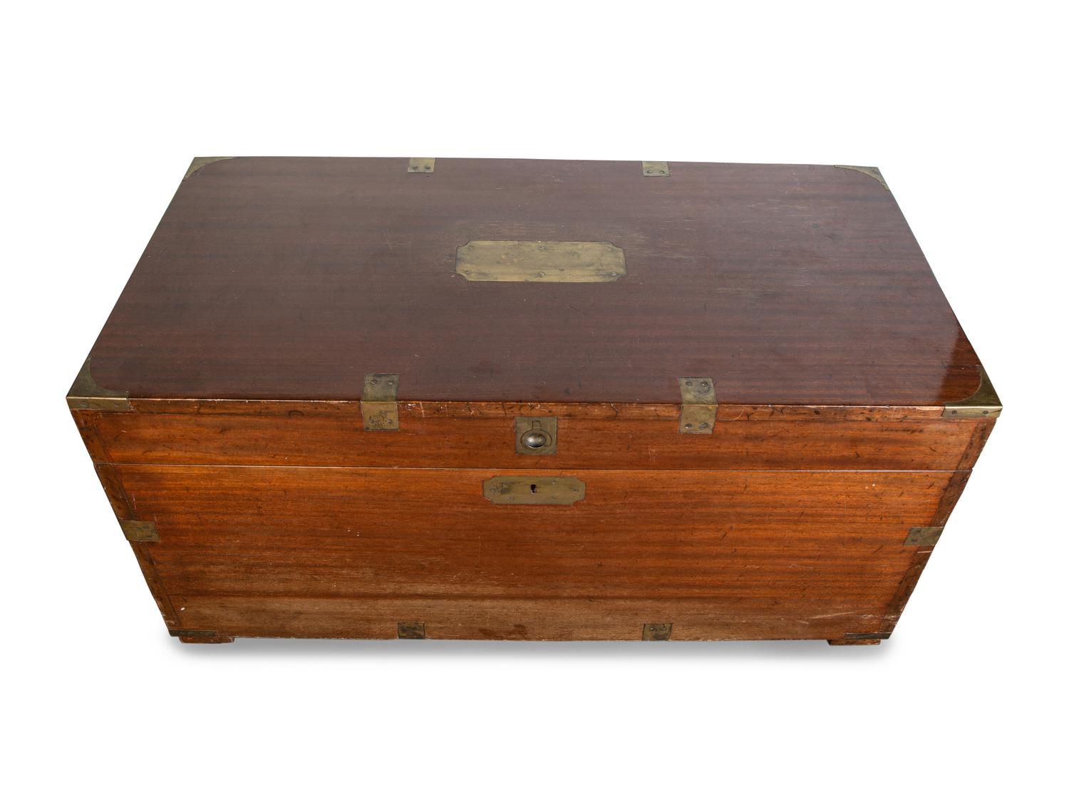 An English Campaign Style Walnut Traveling Chest — 20TH CENTURY