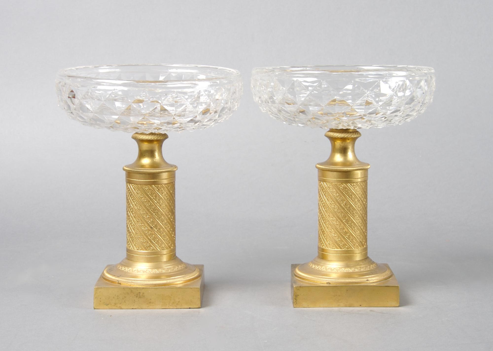 A Pair of French Gilt Bronze and Cut Glass Compotes, Height 7 1/2 inches.